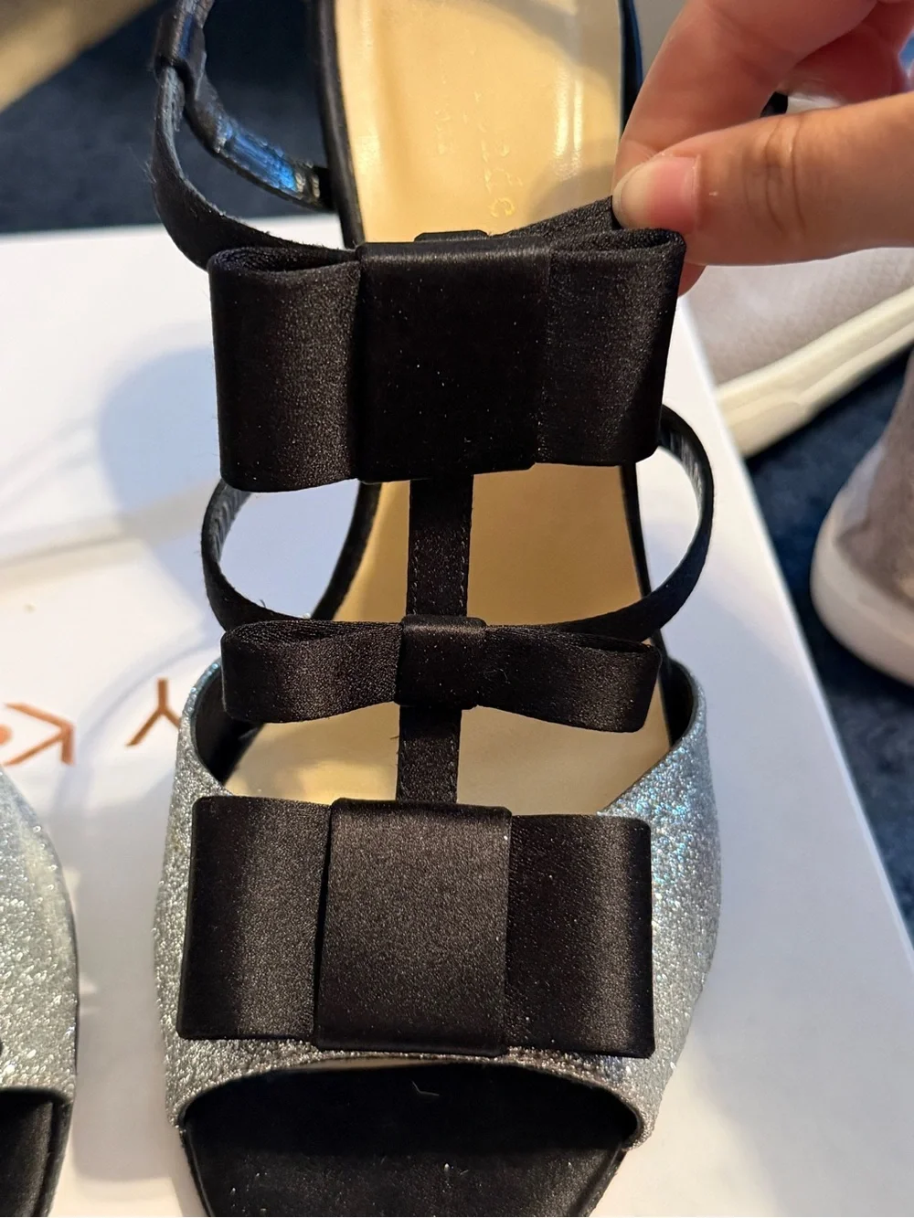 kate spade Black Satin Bow Silver Glitter Strappy Heels